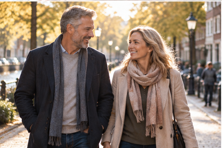 Man en vrouw wandelen ontspannen samen buiten
